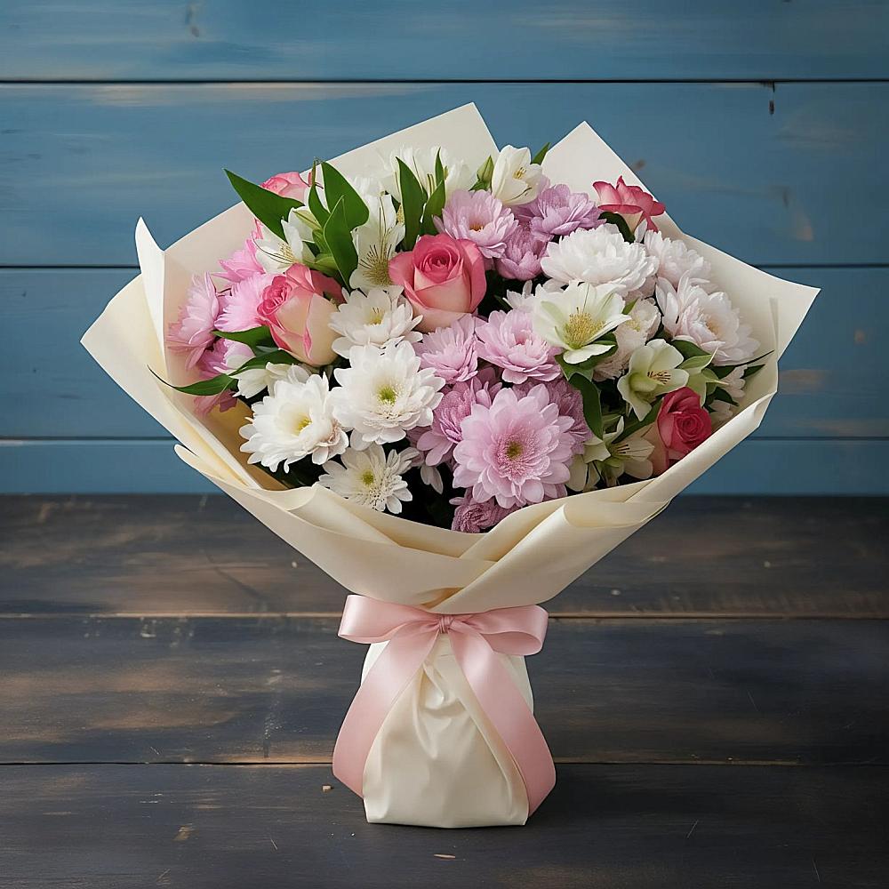 Букет цветов из: Хризантемы, Альстромерии и Розы в Нововоронеже